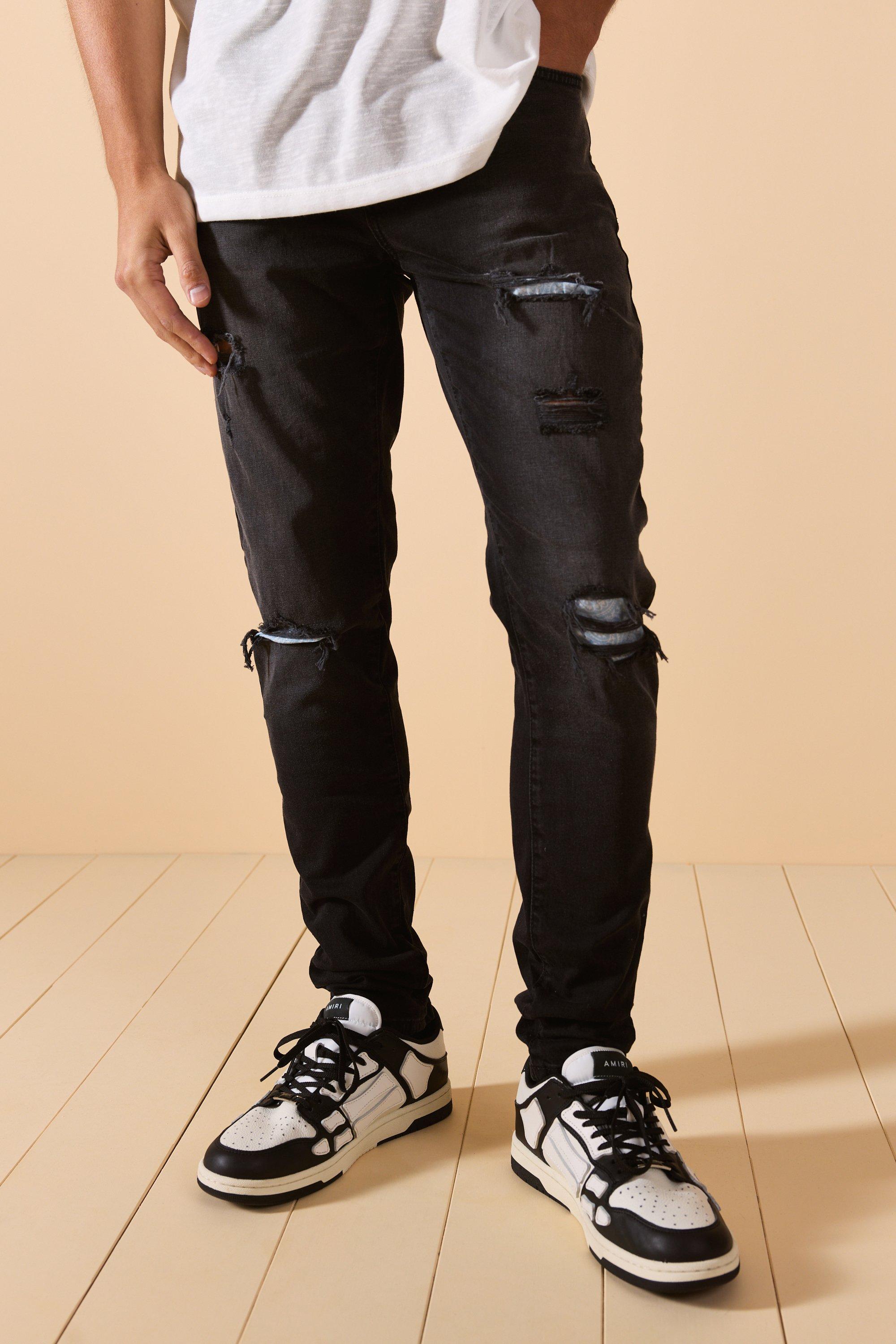 Mens Skinny Stretch Ripped Bandana Jeans In Washed Black, Black